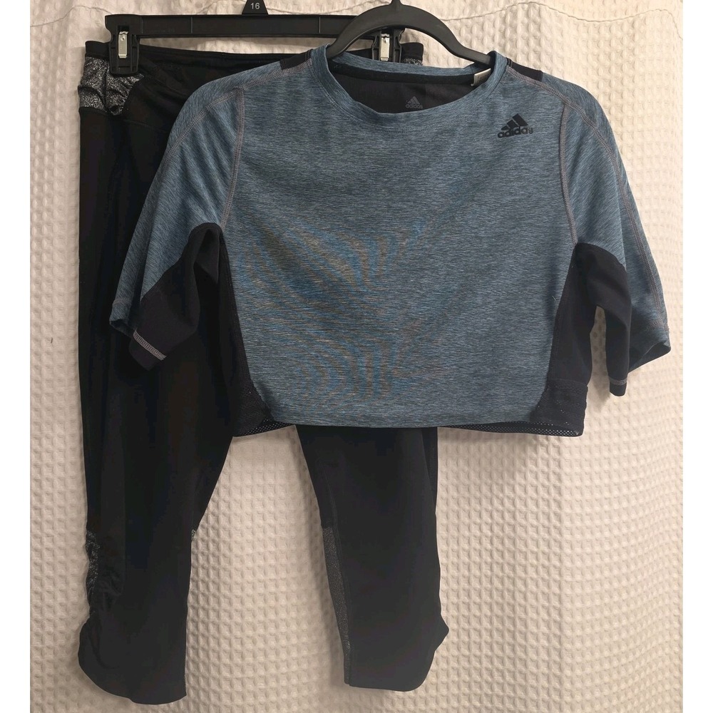 Adidas Blue Cropped Top & Victoria Secret Black Sparkle Capri Women's Medium